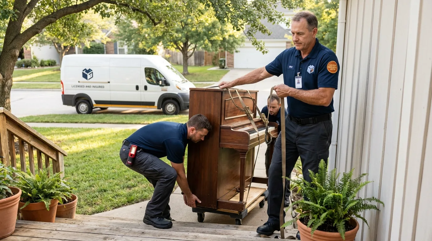 Licensed piano movers securing grand piano in Duluth, GA