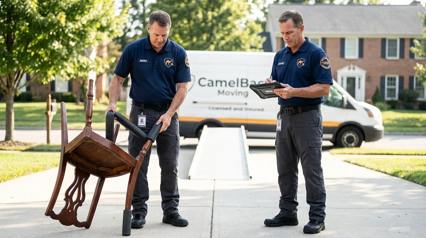 Movers inspecting furniture for damage prevention before loading in Duluth, GA