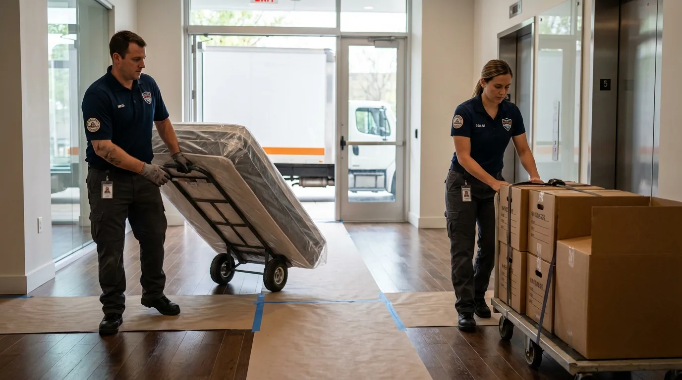 Professional apartment movers loading elevator in Duluth, GA